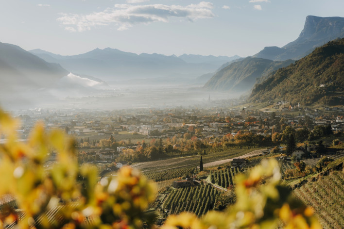 Autunno sulla Roggia di Marlengo Vista dal sentiero della Roggia di Marlengo sui vigneti autunnali e sui paesi della Val d’Adige avvolta nella foschia